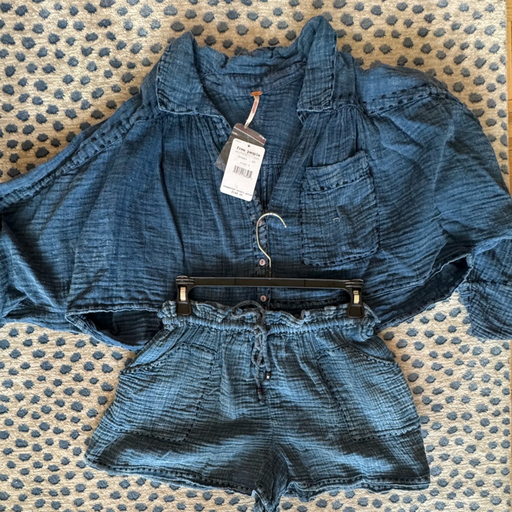 Free People Elora set in Deeper Seas.” Blue crop top/shorts set. NWT. Sz. S